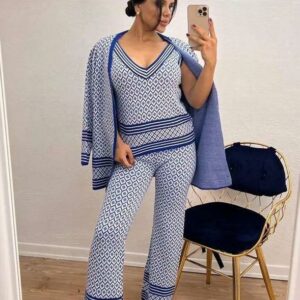 Compleu dama tricot 3 piese Dasha albastru - imagine 1
