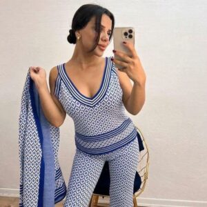 Compleu dama tricot 3 piese Dasha albastru - imagine 3