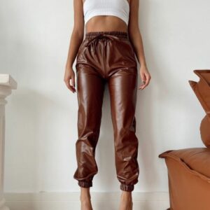 Pantaloni dama piele ecologica Miriam maro - imagine 1