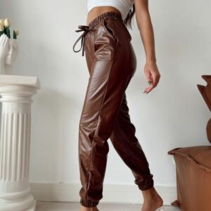 Pantaloni dama piele ecologica Miriam maro - imagine 2