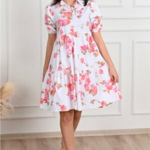 Rochie dama Sylvie alb cu flori roz - imagine 1