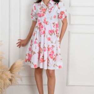Rochie dama Sylvie alb cu flori roz - imagine 3