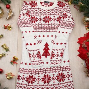 Rochie dama tricotata Christmas Four Alb si rosu - imagine 2