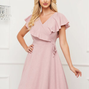 Rochie eleganta midi in clos din crep cu aplicatii cu sclipici roz prafuit - imagine 1