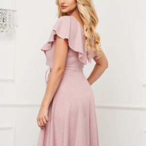 Rochie eleganta midi in clos din crep cu aplicatii cu sclipici roz prafuit - imagine 2
