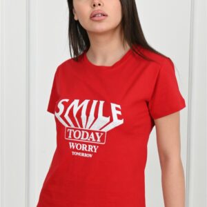 Tricou dama Smile Today Worry Tomorrow Rosu - imagine 2