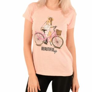 Tricou dama imprimeu Bicycle corai - imagine 1