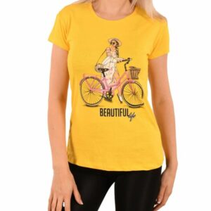 Tricou dama imprimeu Bicycle galben - imagine 1