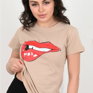 Tricou dama imprimeu BiteYourLips bej - imagine 2