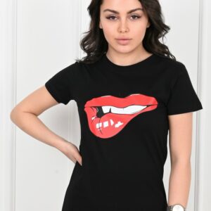 Tricou dama imprimeu BiteYourLips negru - imagine 1