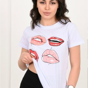 Tricou dama imprimeu Lips alb - imagine 1