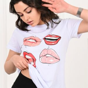 Tricou dama imprimeu Lips alb - imagine 2