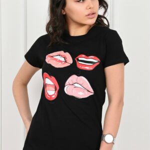 Tricou dama imprimeu Lips negru - imagine 1