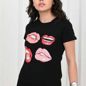 Tricou dama imprimeu Lips negru - imagine 2