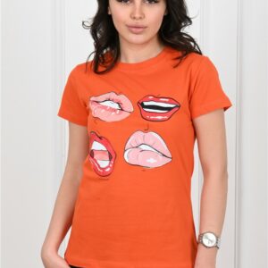 Tricou dama imprimeu Lips portocaliu - imagine 1