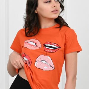 Tricou dama imprimeu Lips portocaliu - imagine 2