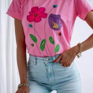 Tricou dama casual Flowers roz
