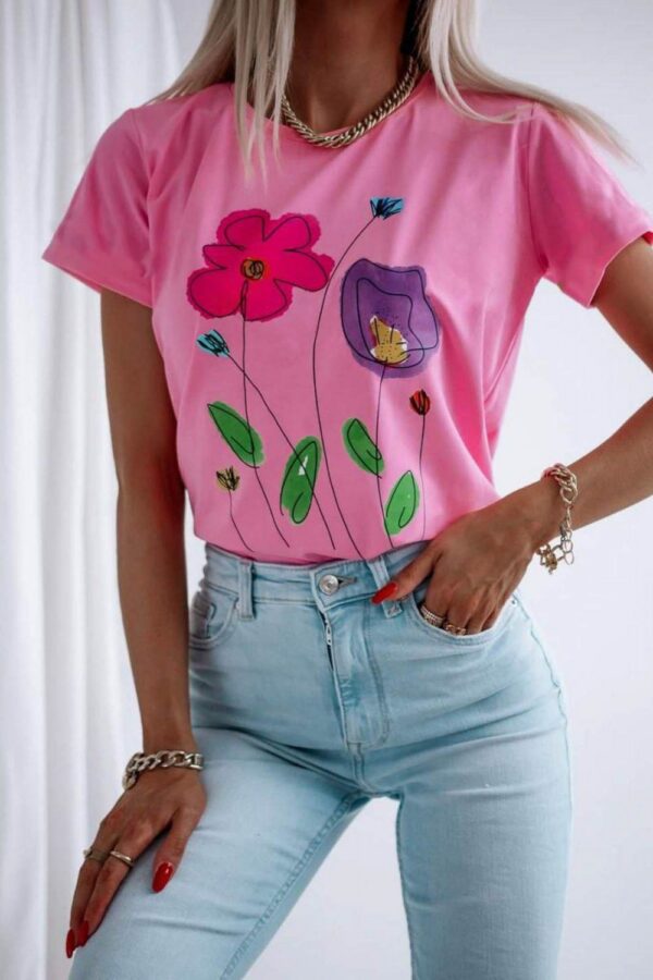 Tricou dama casual Flowers roz