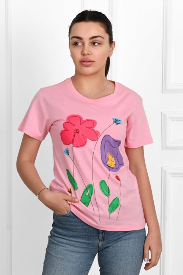 Tricou dama casual Flowers roz