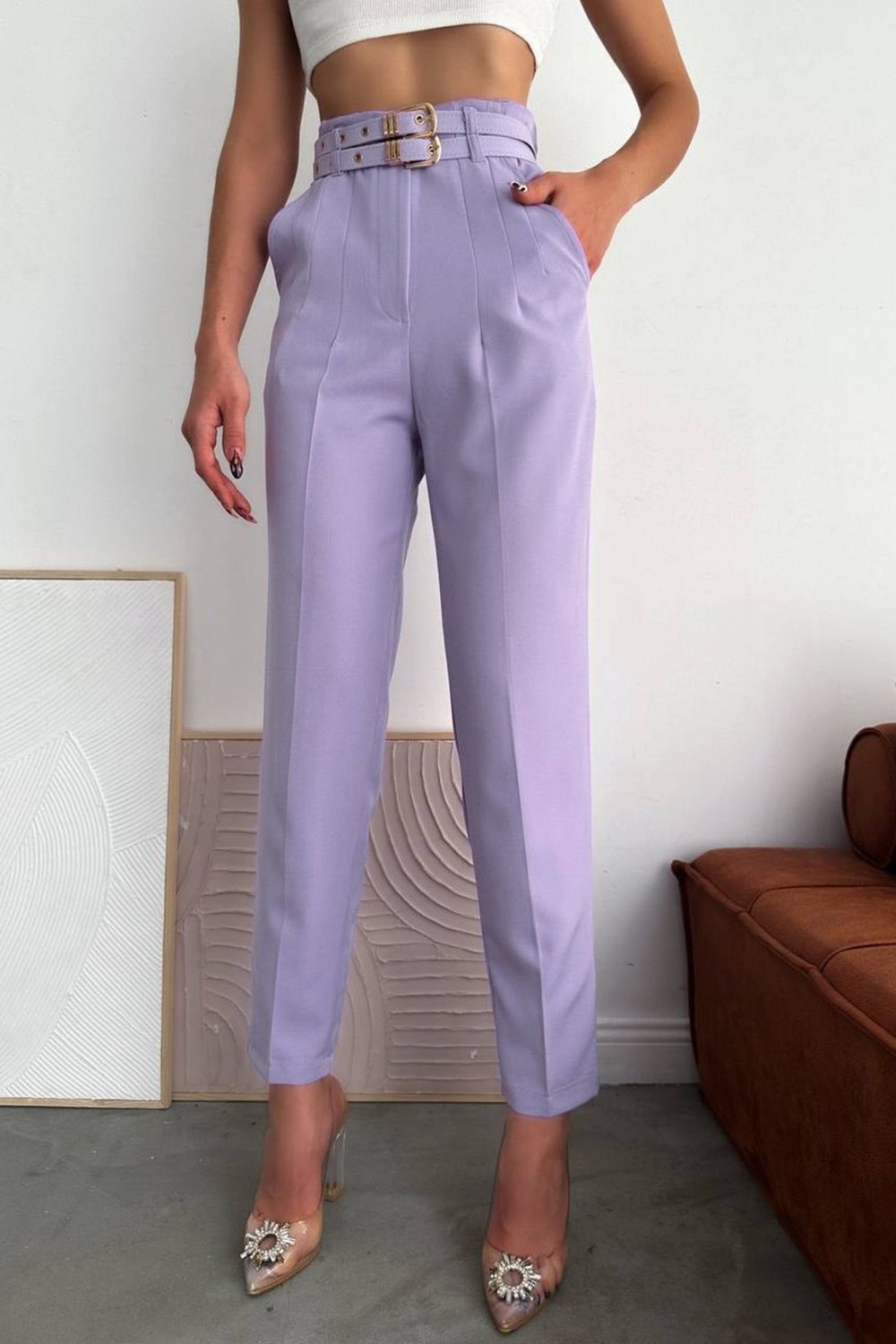 Pantalon dama office cu curele lila