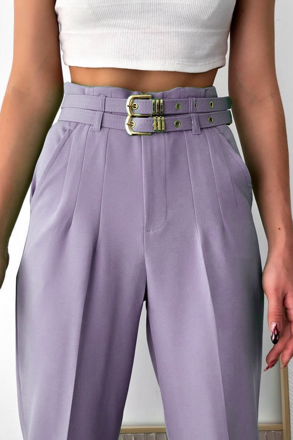 Pantalon dama office cu curele lila