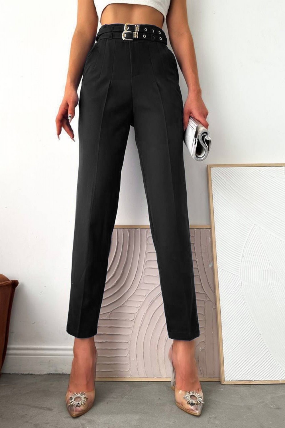 Pantalon dama office cu curele negru