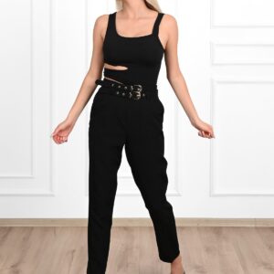 Pantalon dama office cu curele negru