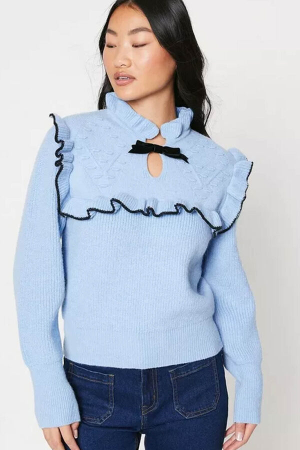 Pulover dama cu fundita Claire bleu Pulover dama cu fundita Claire bleu