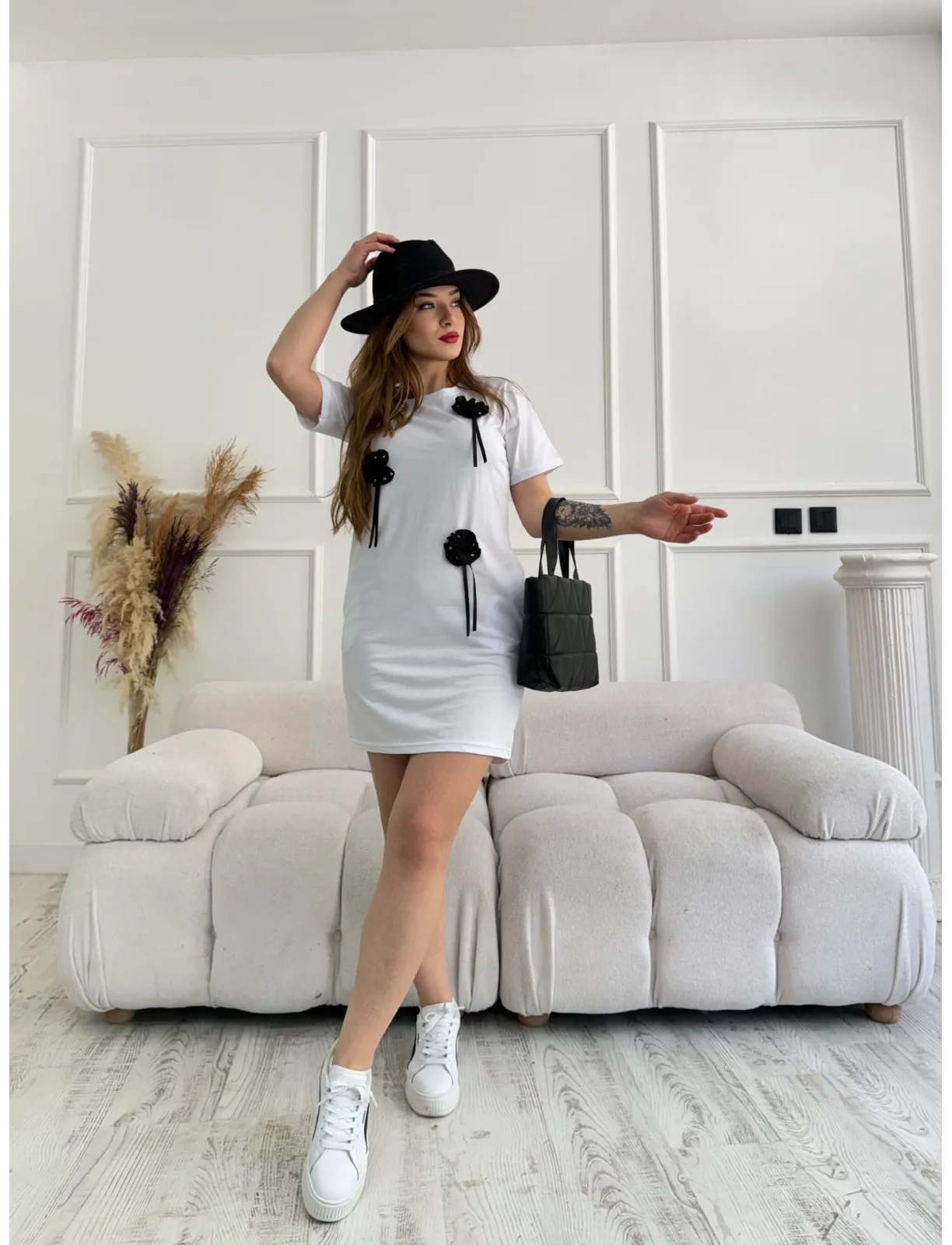 Rochie dama casual cu buzunare Flowers alb