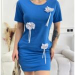 Rochie dama casual cu buzunare Flowers albastru
