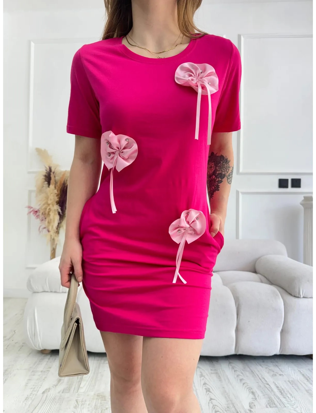 Rochie dama casual cu buzunare Flowers ciclam