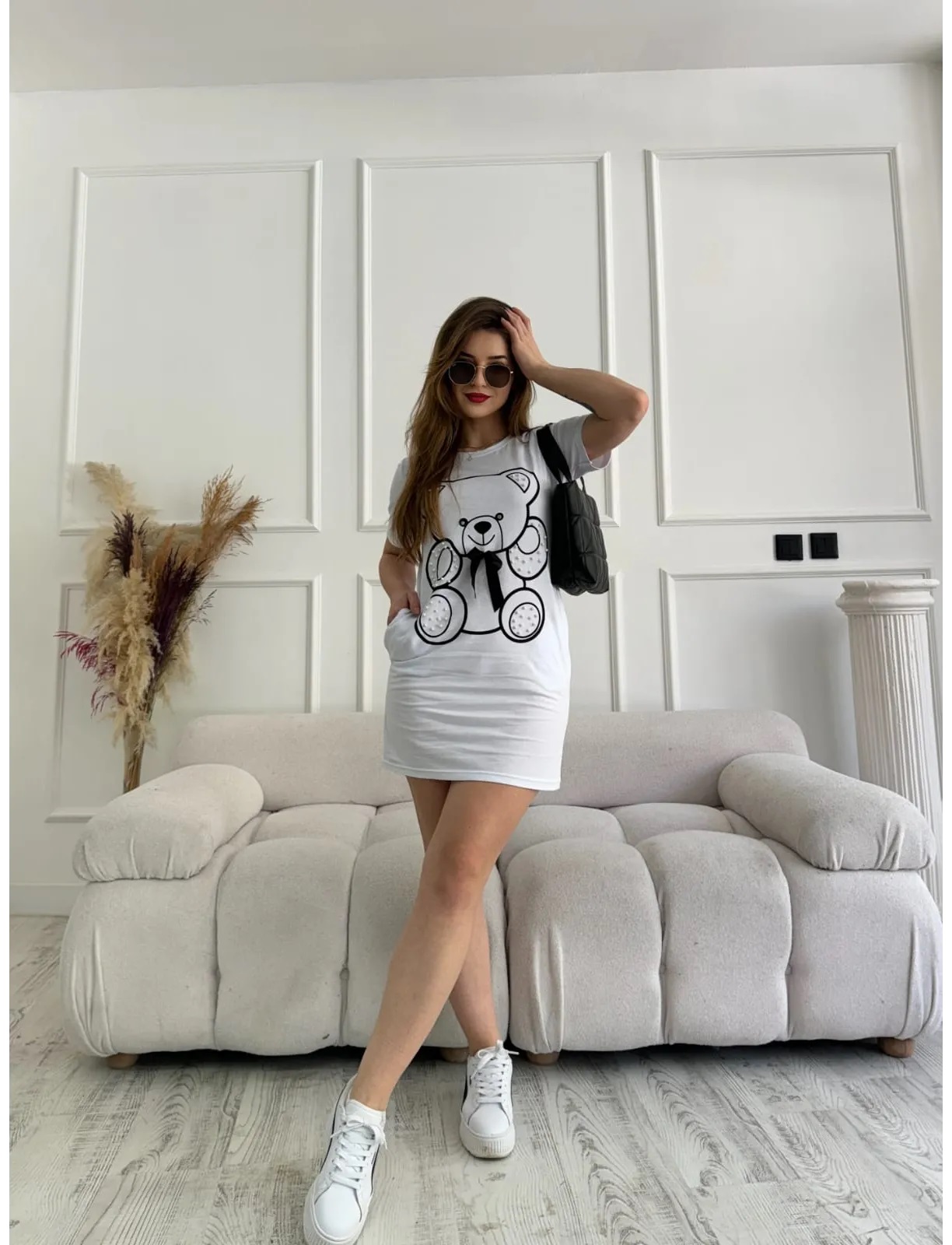 Rochie dama casual cu buzunare Ursulet cu fundita alb