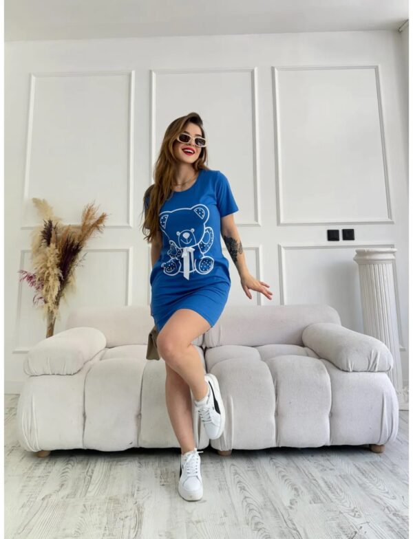 Rochie dama casual cu buzunare Ursulet cu fundita albastru