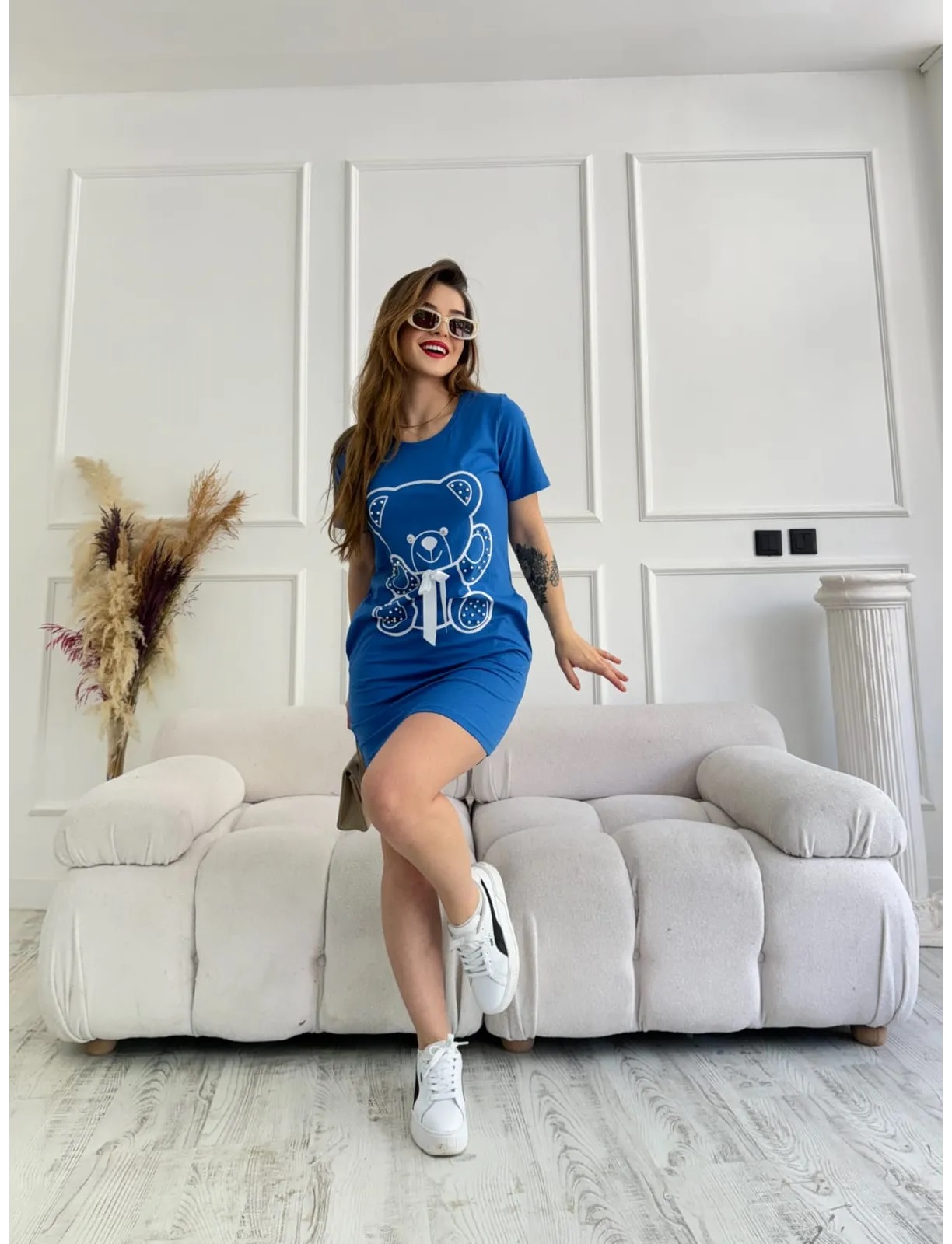 Rochie dama casual cu buzunare Ursulet cu fundita albastru