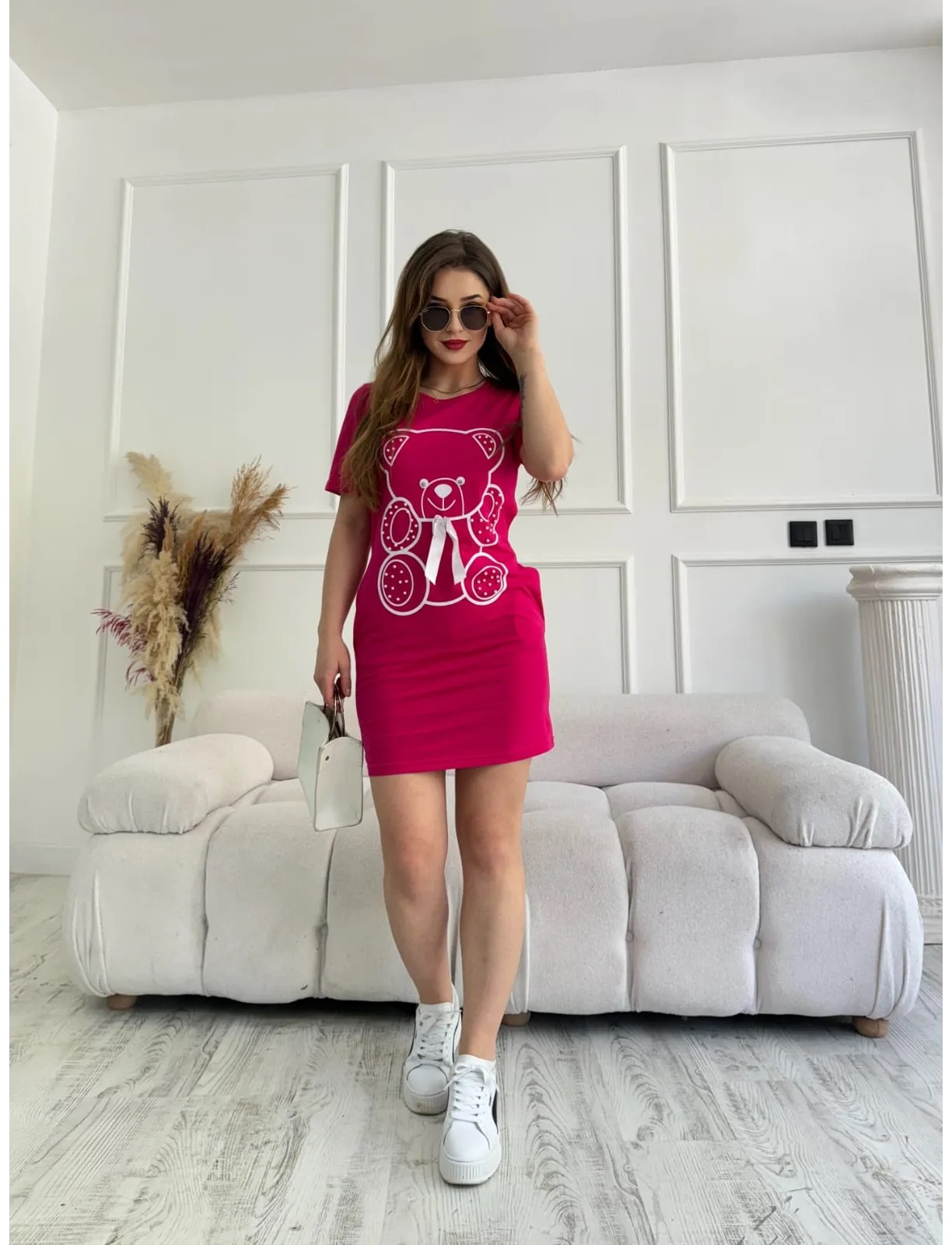 Rochie dama casual cu buzunare Ursulet cu fundita ciclam