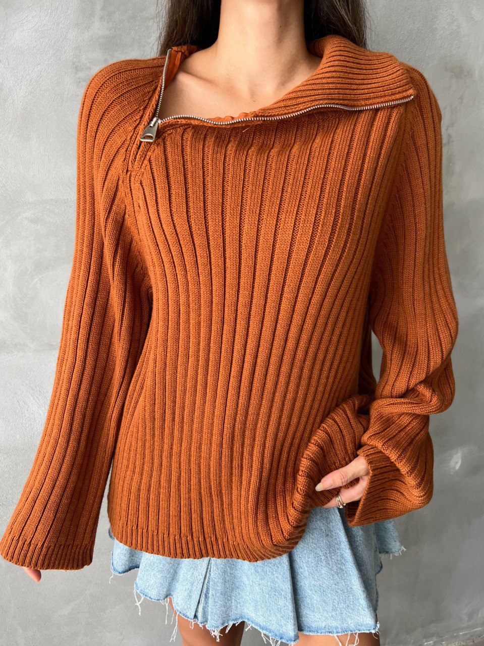 Pulover dama casual SideZip maro