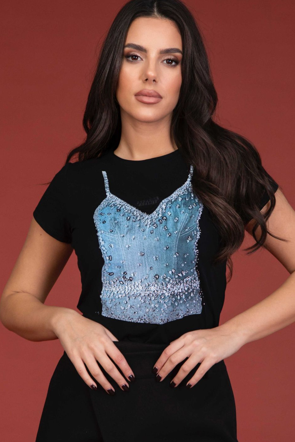 Tricou dama cu aplicatii denim