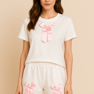 Compleu dama scurt Pink Bow Alb