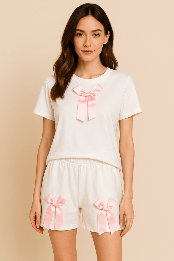 Compleu dama scurt Pink Bow Alb