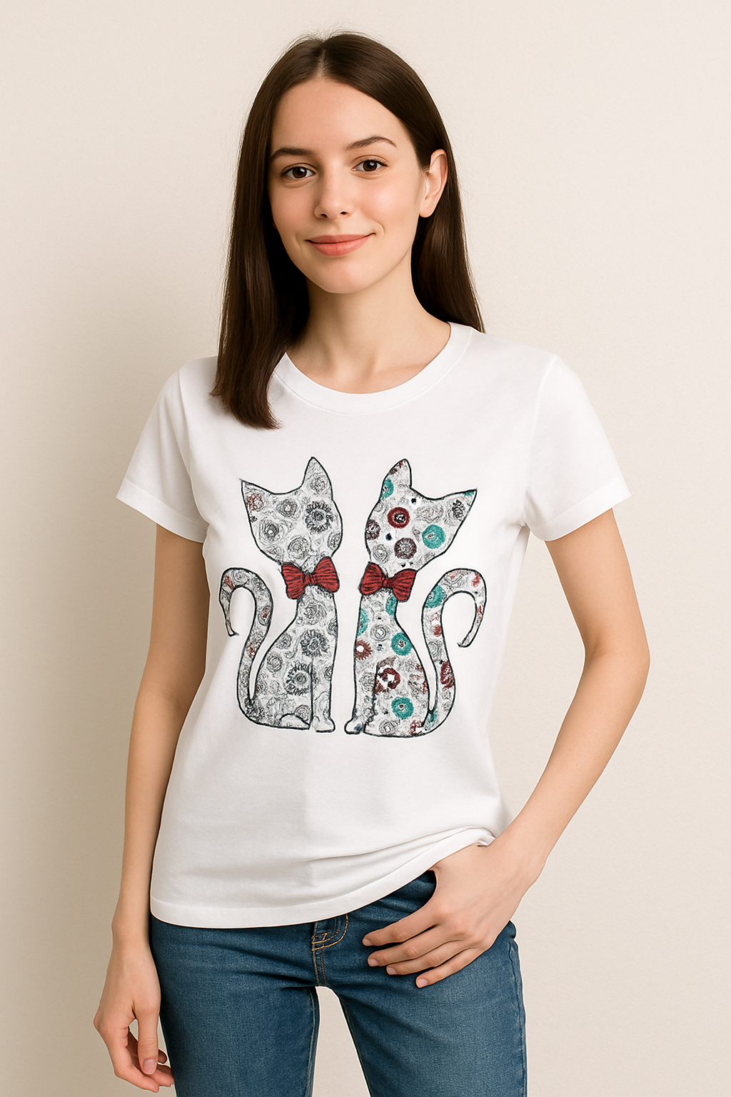 Tricou dama cu aplicatii pisica alb