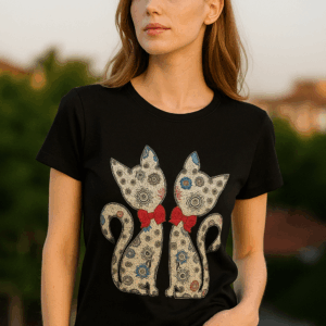 Tricou dama cu aplicatii pisica negru