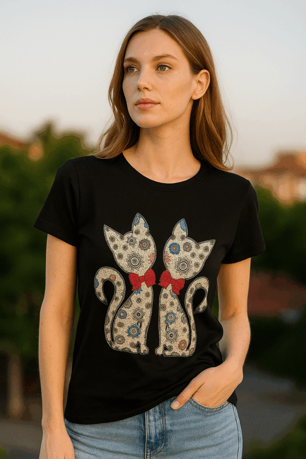 Tricou dama cu aplicatii pisica negru