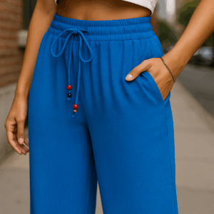 Pantaloni largi cu elastic in talie Ella albastru