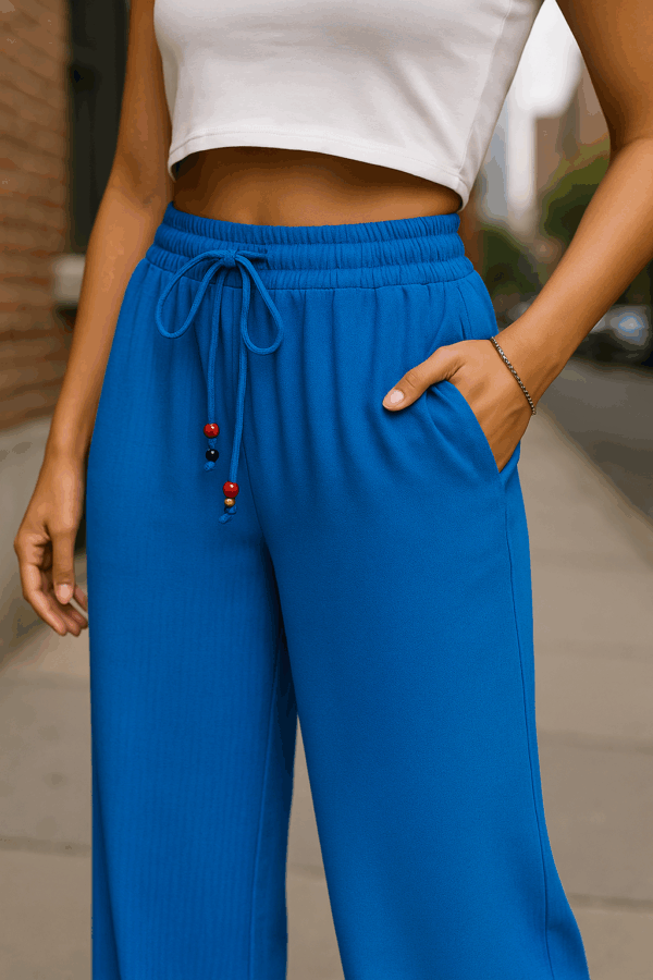 Pantaloni largi cu elastic in talie Ella albastru
