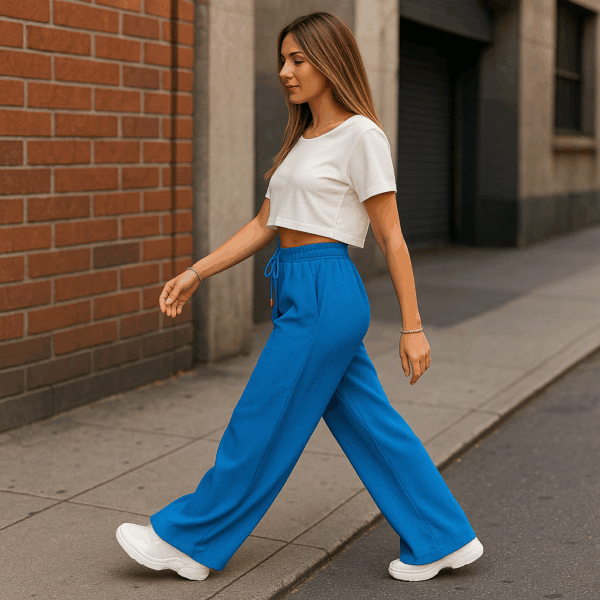 Pantaloni largi cu elastic in talie Ella albastru