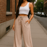 Pantaloni largi cu elastic in talie Ella bej