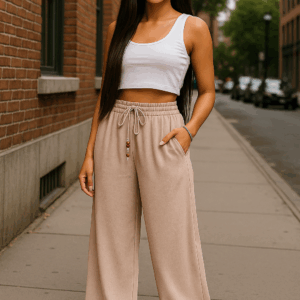 Pantaloni largi cu elastic in talie Ella bej