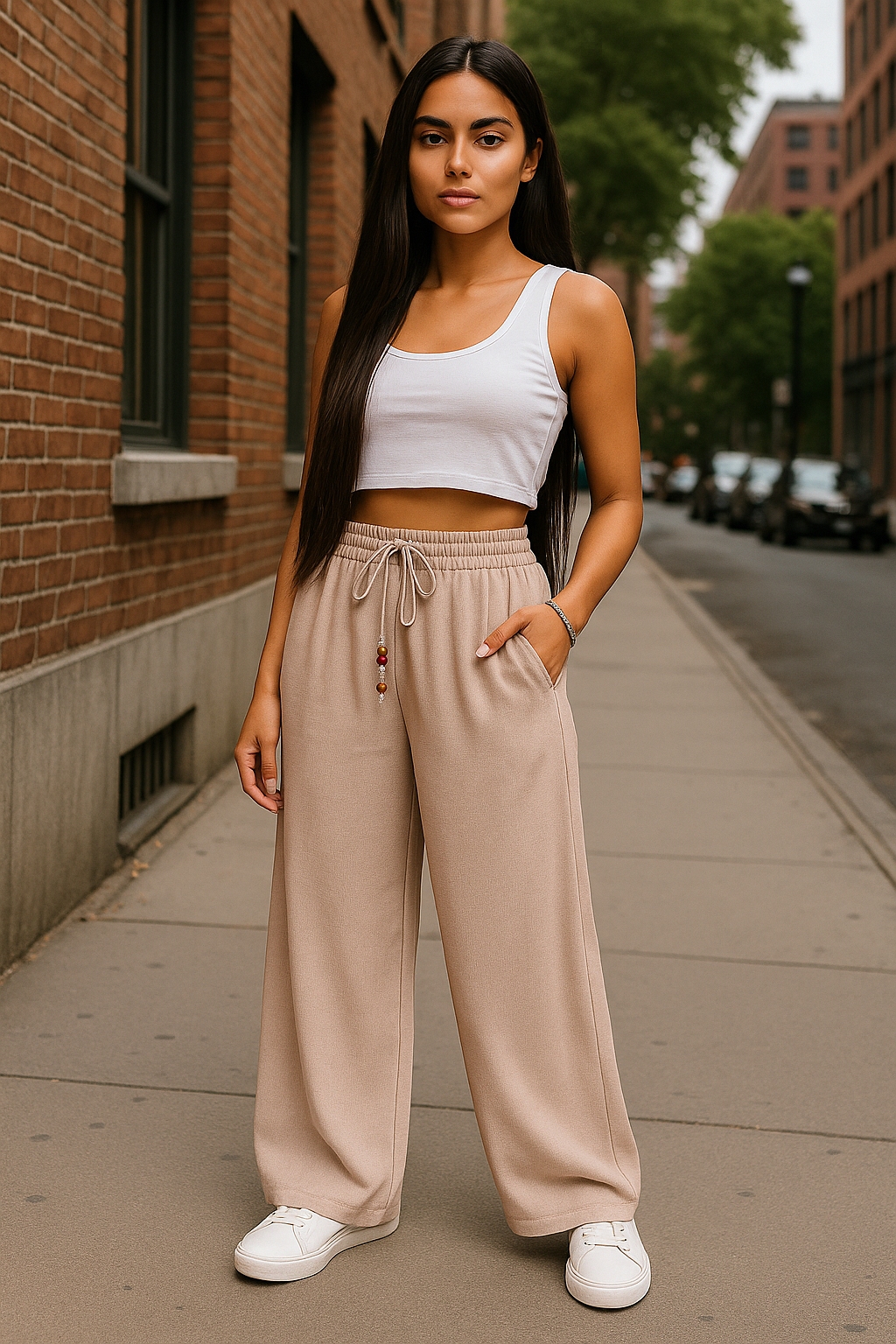 Pantaloni largi cu elastic in talie Ella bej
