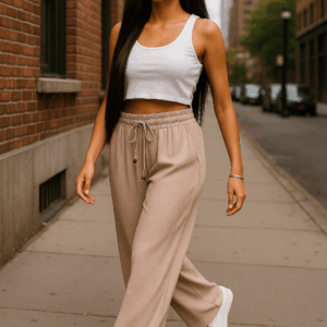 Pantaloni largi cu elastic in talie Ella bej