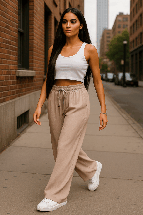 Pantaloni largi cu elastic in talie Ella bej